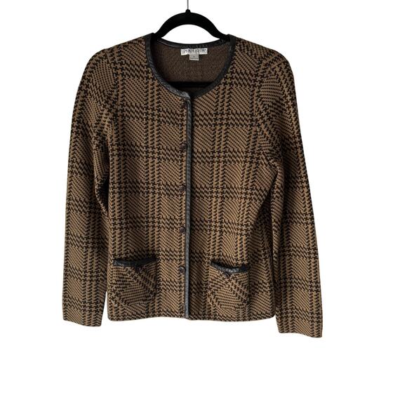 Pendleton Sweater Medium Brown Black Plaid Wool Leather Trim Petite Equestrian - Picture 1 of 8